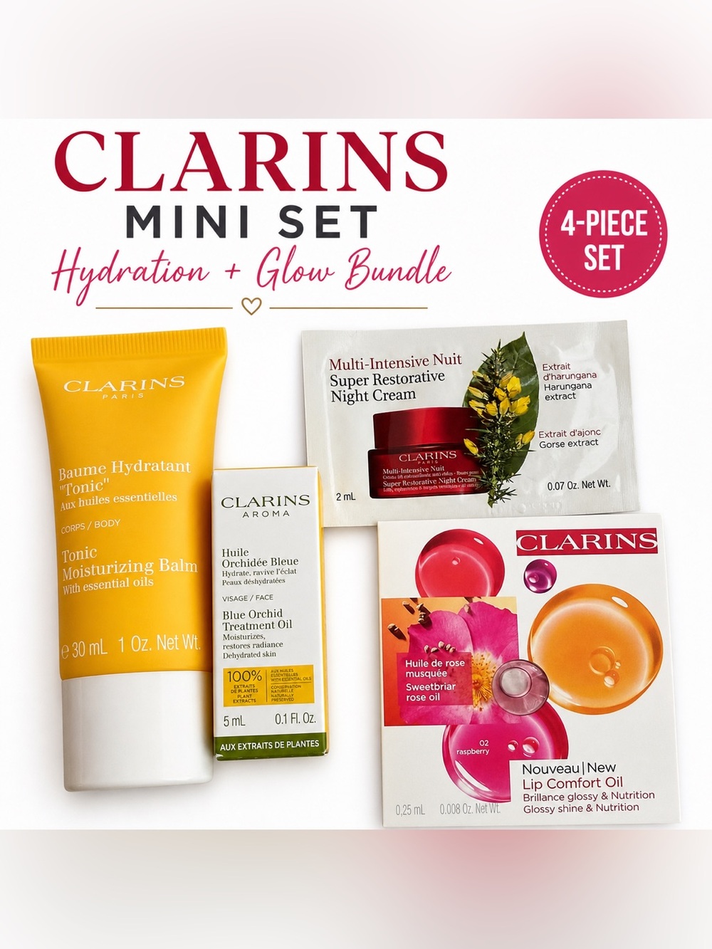 Clarins Mini Set Hydration Glow Bundle Blue Orchid Oil Balm Lip Oil 4pc